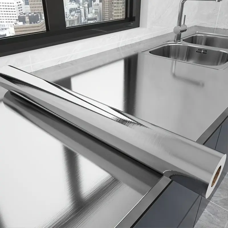 Silver Color Stainless Steel Look Wallpaper Roll, Waterproof Self-Adhesive Oil Resistant Sticker for Refrigerator, Wall, Elevator Door