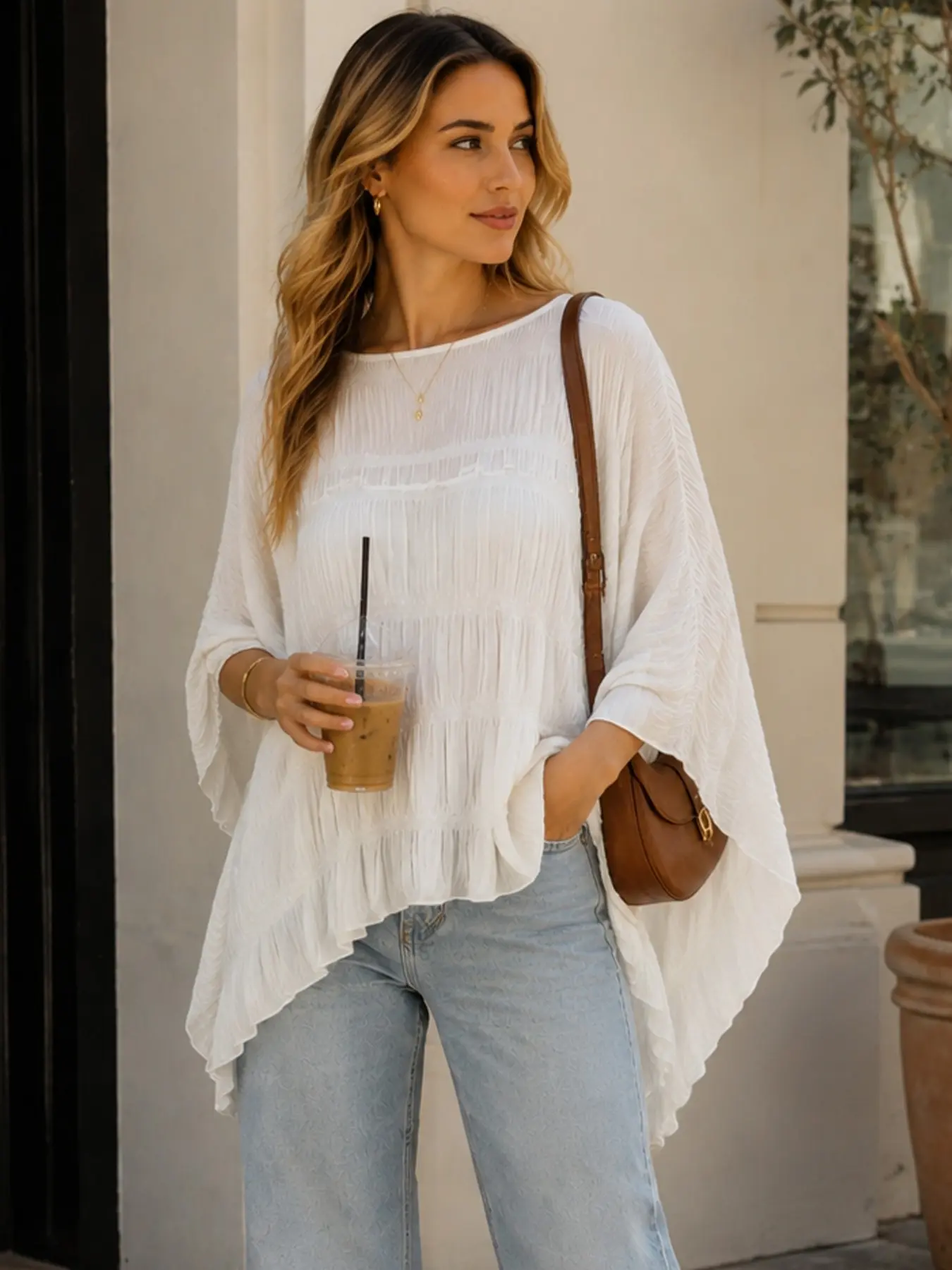 Layered White Blouse Top Women Pleats Cape Sleeve Elegant Women's Blouses Asymmetric Textured Oversized Blouse For Woman Summer Semi Sheer Tunic Beach Ladies Tops Shirts Blouse