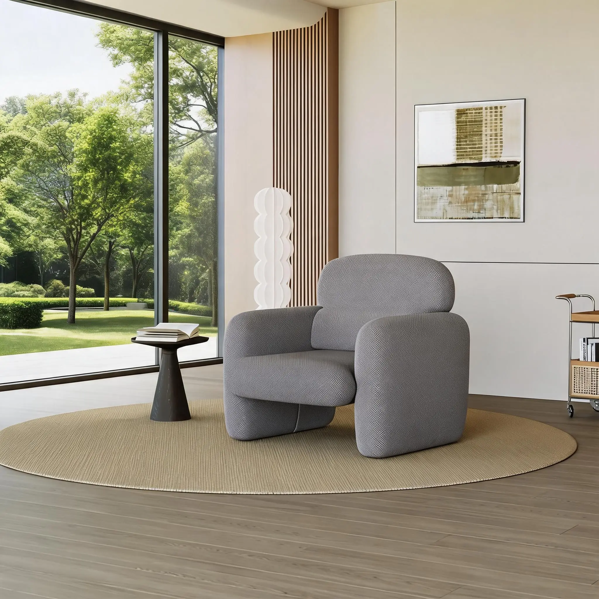 Upholstered Accent Chair with  Wood Frame Armrests. Comfortable Reading Chair with Plush Cushion for Living Room. Bedroom. Corner Spaces. Grey