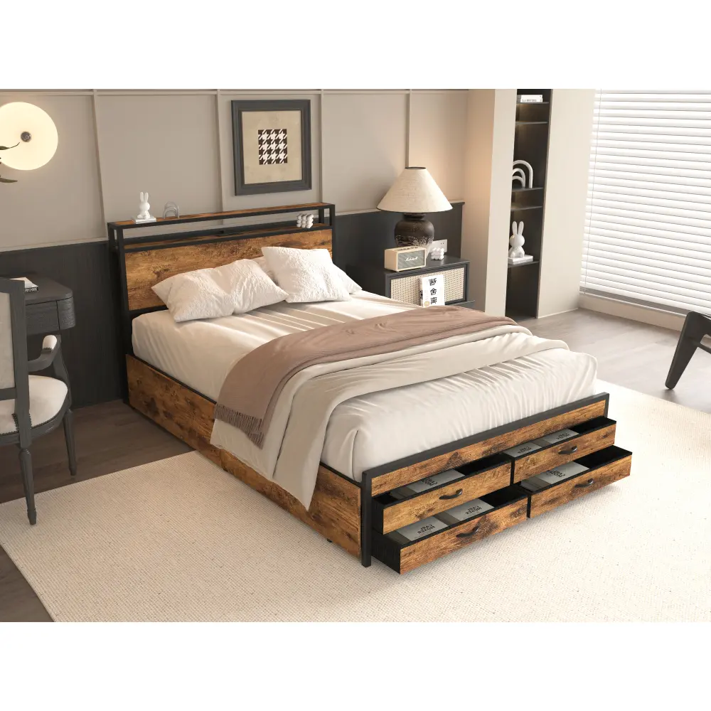 Queen Size Bed Frame with 8 Storage Drawers, LED Headboard with Charging Station, Metal Platform Bed Frame, No Box Spring Needed, Noise-Free, Stable and Solid, Brown