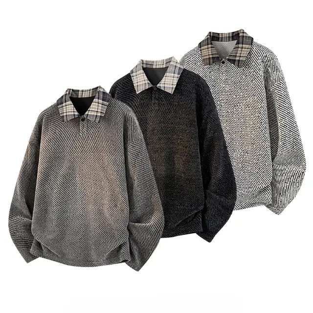 Men's Textured Oversized Plaid Sweatshirt Jacket - Mens Clothing, Contrast Plaid Spliced Collar, Loose-Fit Vintage Casual Outerwear for Daily Commute, Machine Washable Polyester Medium Length Top, Vintage Street #CleanFit, Sweatshirts, Men’s Clothes