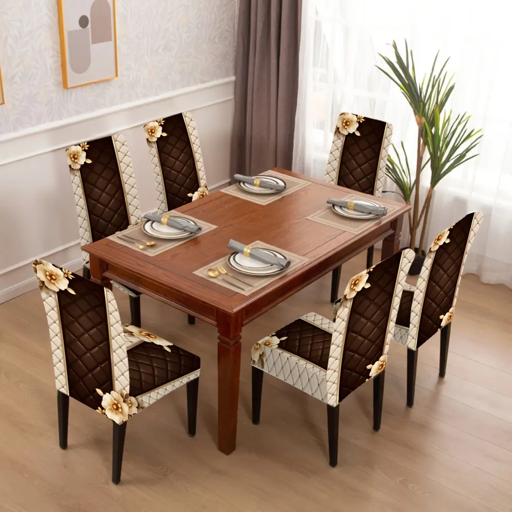 Elastic Dining Chair Cover, Quilted Floral Pattern, 2D Flat Design, Durable & Stylish Home Decor Accessory, Dining Chair Slipcovers, Dining Room Chair Covers
