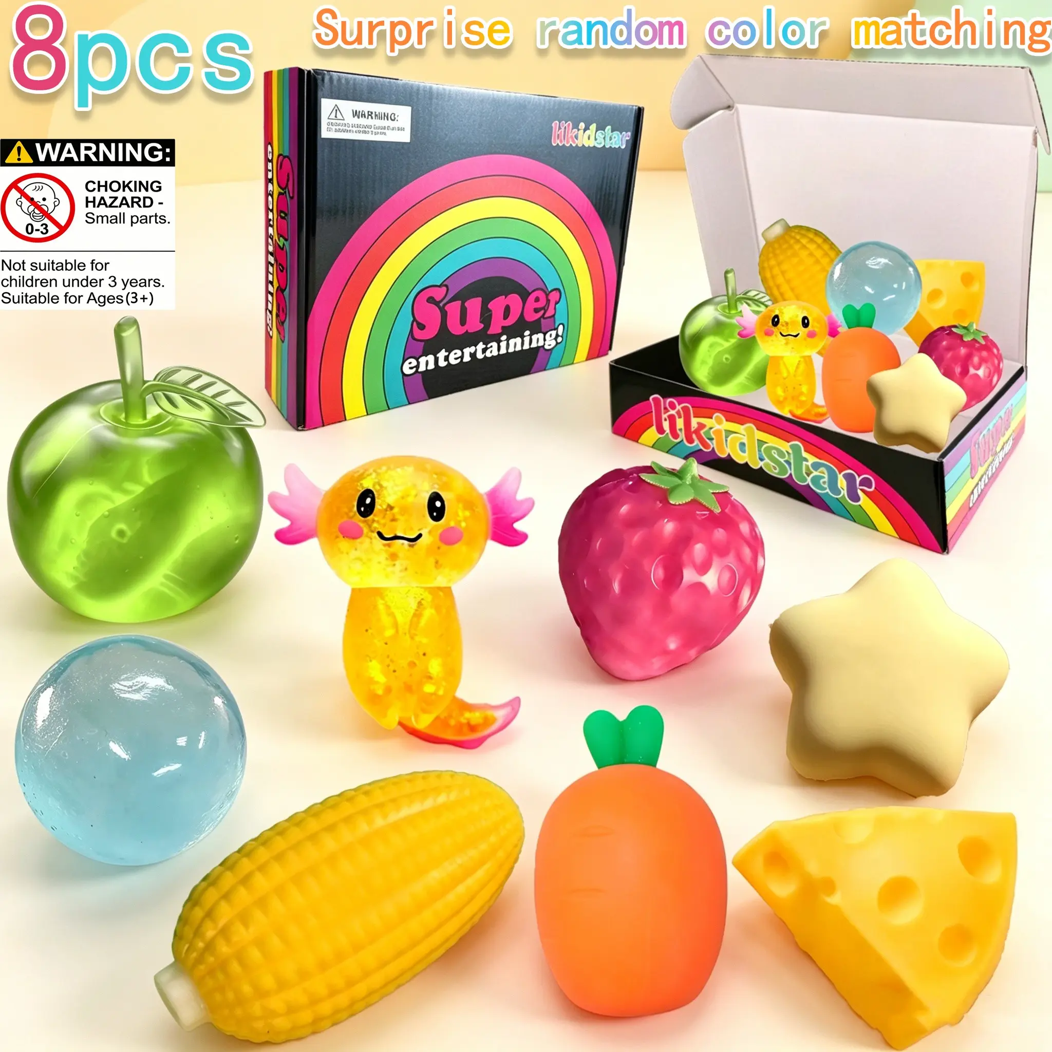 Rainbow Gift Box Fruit and Animal Gummy Candy Toy Set, Soft Transparent and Solid Squeeze Toys, Portable Anxiety Relief Sensory Toys, Surprise Random Colors