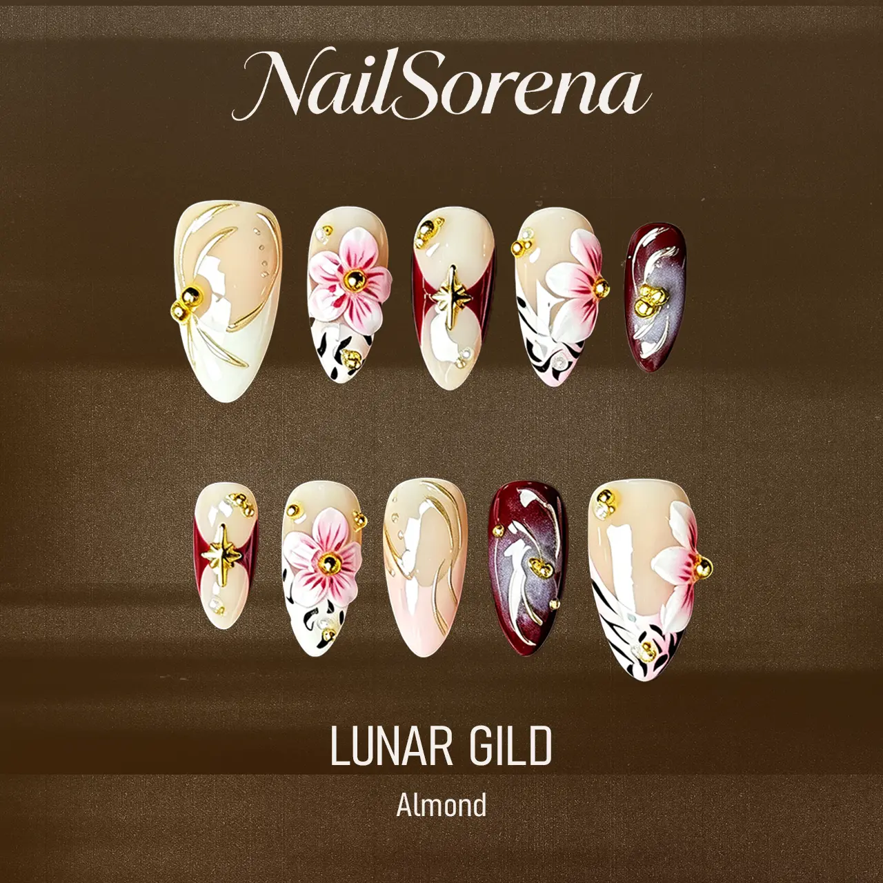 Handmade Reusable Almond Shape Press-On Nails (10Pcs) - 3D Embossed Pink Floral Print, Black-White Zebra Print, Gold Metal Accents for Nail Art Kits, Reusable Set for Press-On Wear