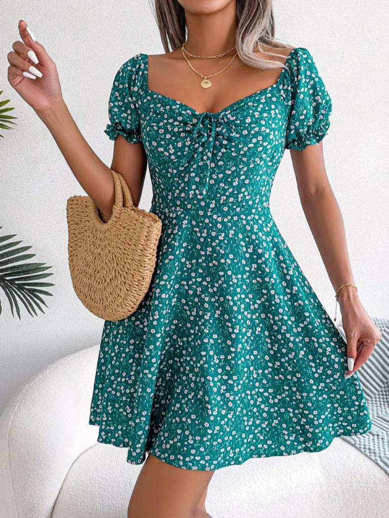 Women's Ditsy Floral Print Tie Front A Line Dress, Summer Outfits 2024, Boho Romantic Frill Sweetheart Neck Short Dress for Beach Vacation Holiday, Frenchy Style Summer Clothes Women