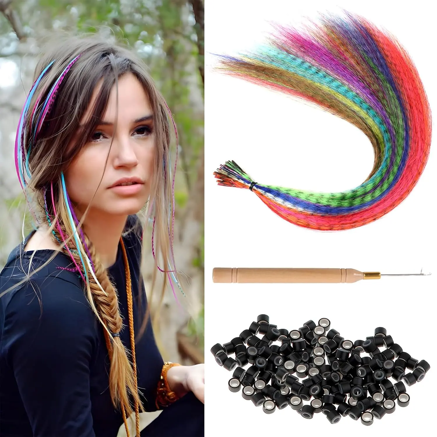 Hair Feathers Extension Kit - 13 Colors  Colors Colored Synthetic  Hair Extensions Kit (Not Real ) with 100 count Silicon  Link Beads 1 Crochet Hook Tools Kit (17 Inch)