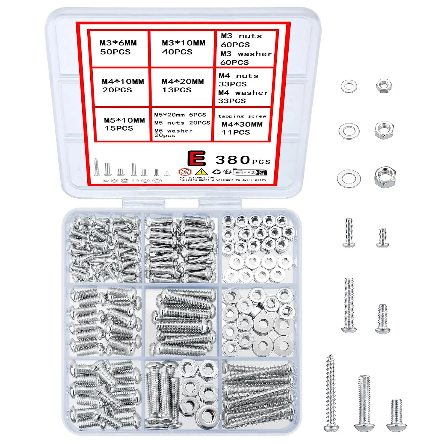 380 count Screws  and Nuts  Kit, Metric Machine Screws and Nuts and Flat Washers, M3/M4/M5 Slotted Pan  Hex  Sets (E)