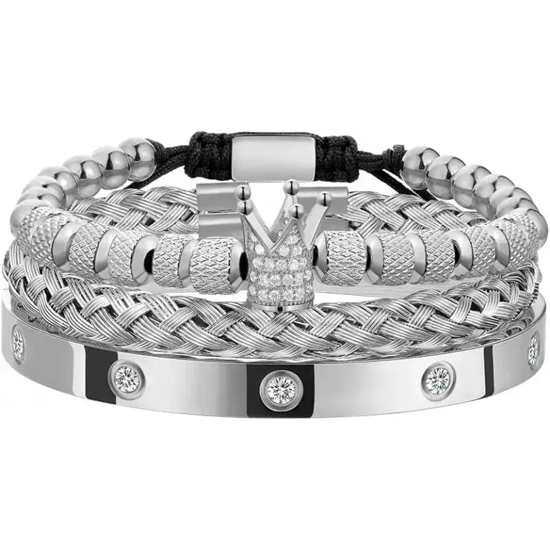 3 Count Stainless Steel Imperial Crown Bracelets for Men Gold Roman Numeral Bangle Adjustable Cuff Bracelet Mens Luxury Jewelry Gifts USA