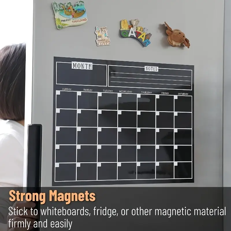 1PC Magnetic refrigerator sticker calendar, magnetic whiteboard wall sticker learning schedule, refrigerator sticker message board - black monthly calendar