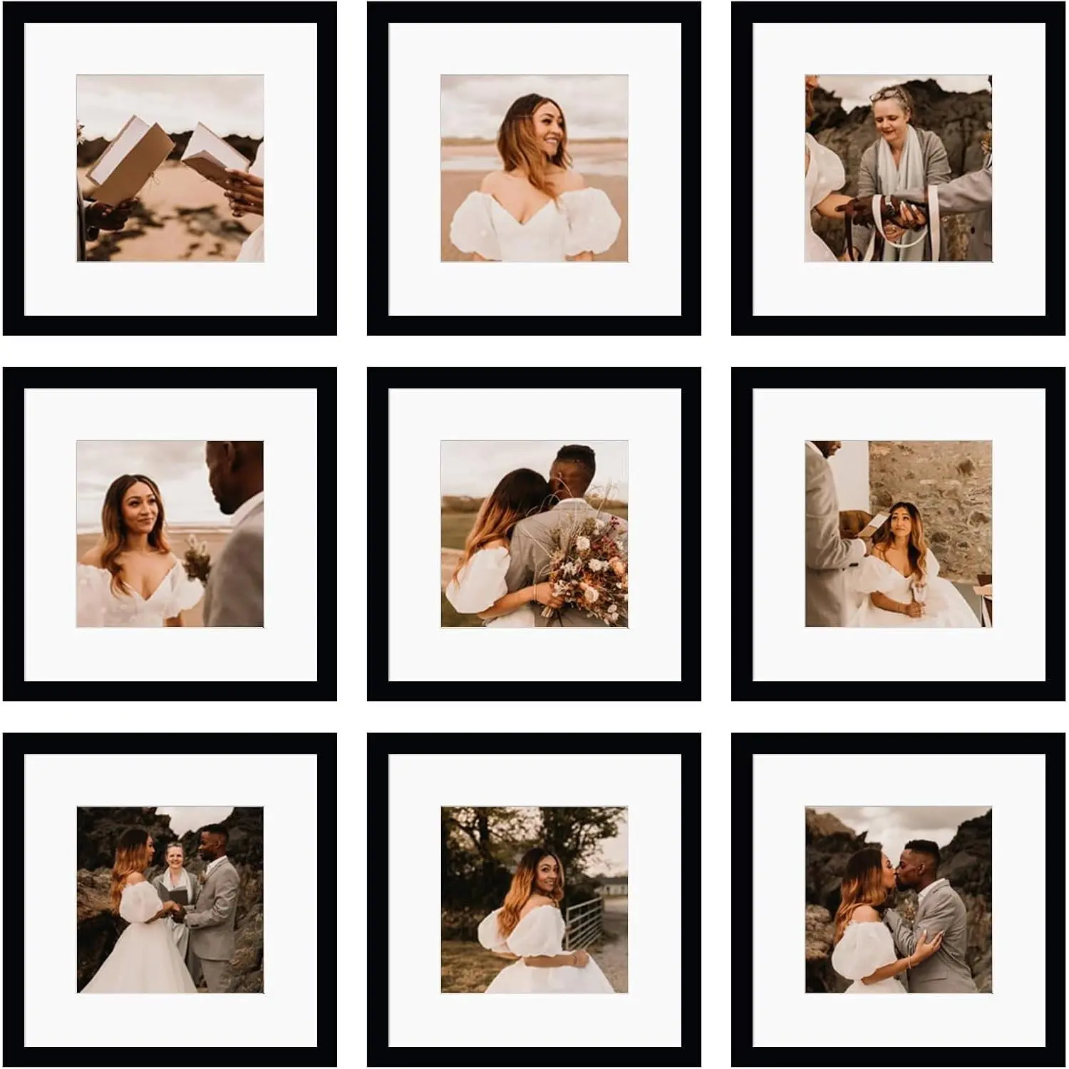 12x12 Square Picture Frame Set of 9, Display 8x8 Photos with Mat or 12x12 without Mat, Multi Collage Gallery Photo Frames for Wall or Tabletop, Black