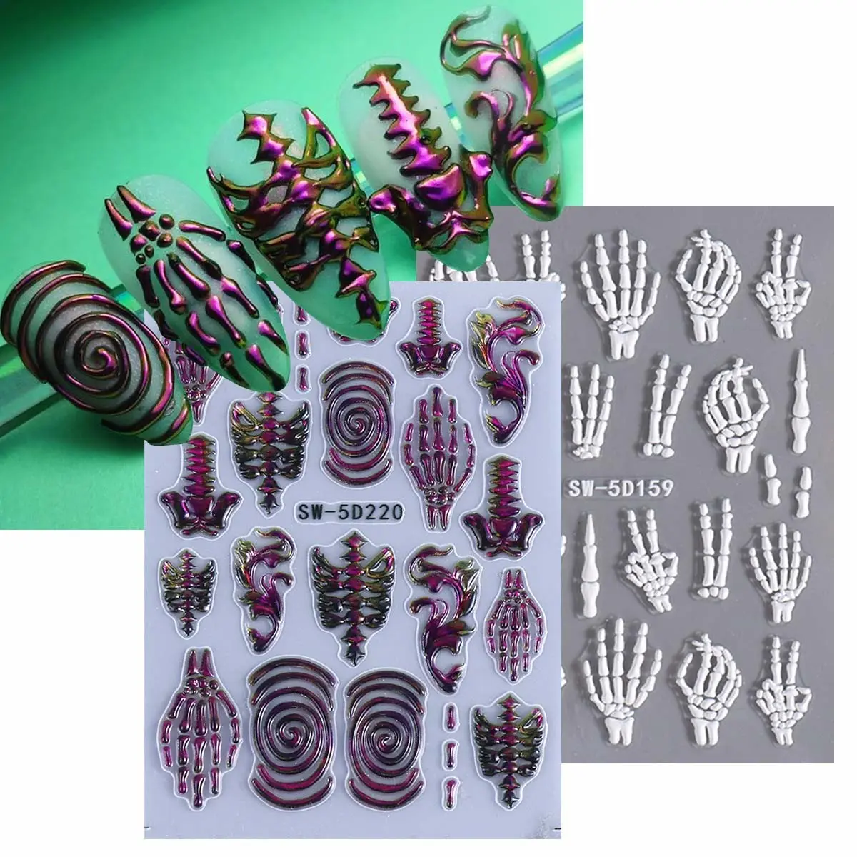 Halloween 3D Skull Nail Art Stickers, DIY Halloween Nail Decals for Women and Girls, Festive Nail Accessories, Nail Art Decoration, 2 Pieces Set