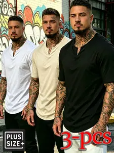 【3-pcs】Men's Summer V Neck Short Sleeve T-Shirt, Lightweight Breathable Casual Top, Loose Fit, Perfect for Daily Wear and Outdoor Activities