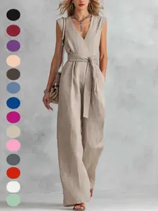2026 Spring Summer European Style Women's V Neck Wide Leg Sleeveless Belted Romper, Trendy Cross-Border Fashion, New Arrival