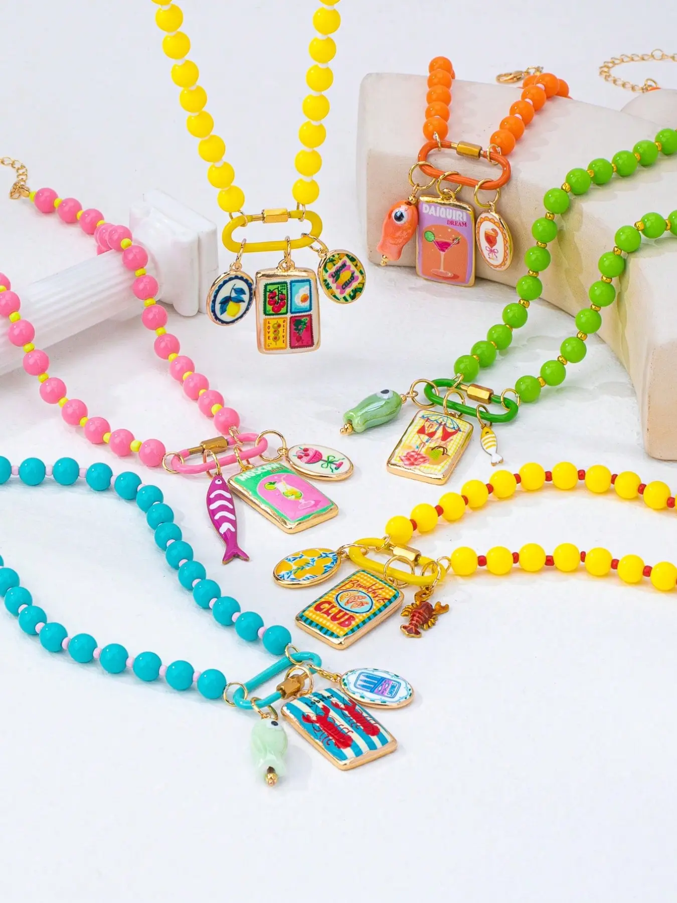 6Pcs Summer Colorful Boho Chic Assorted Beaded Necklaces with Enamel Fish, Flower, Lobster & Lemon Charms - Stainless Steel Carabiner Clasp Pendant & Interchangble Tropical Charms - Layered Statement Jewelry for Women Boho Style Necklace