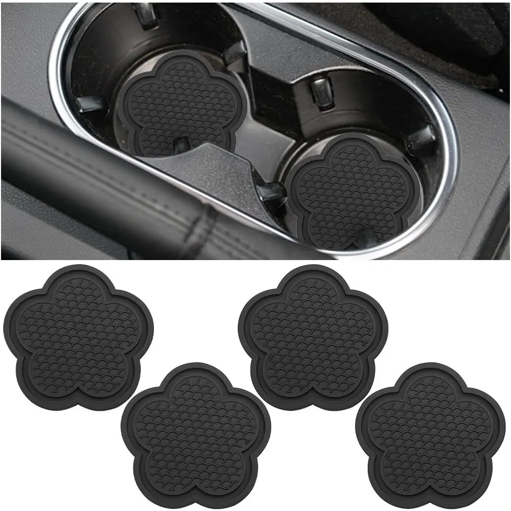 4 count  Cup Holder Coaster, Cute Flower Shaped PVC Anti-Slip  Water Bottle Holder Mat, Blossom Auto Insert Drink Pad for Women Girls,  for   (Black)