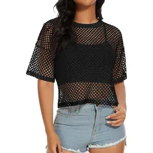 Women's Mesh Fishnet Top See Through Cover Up Short Sleeves T Shirts Sheer Blouse(Gift)