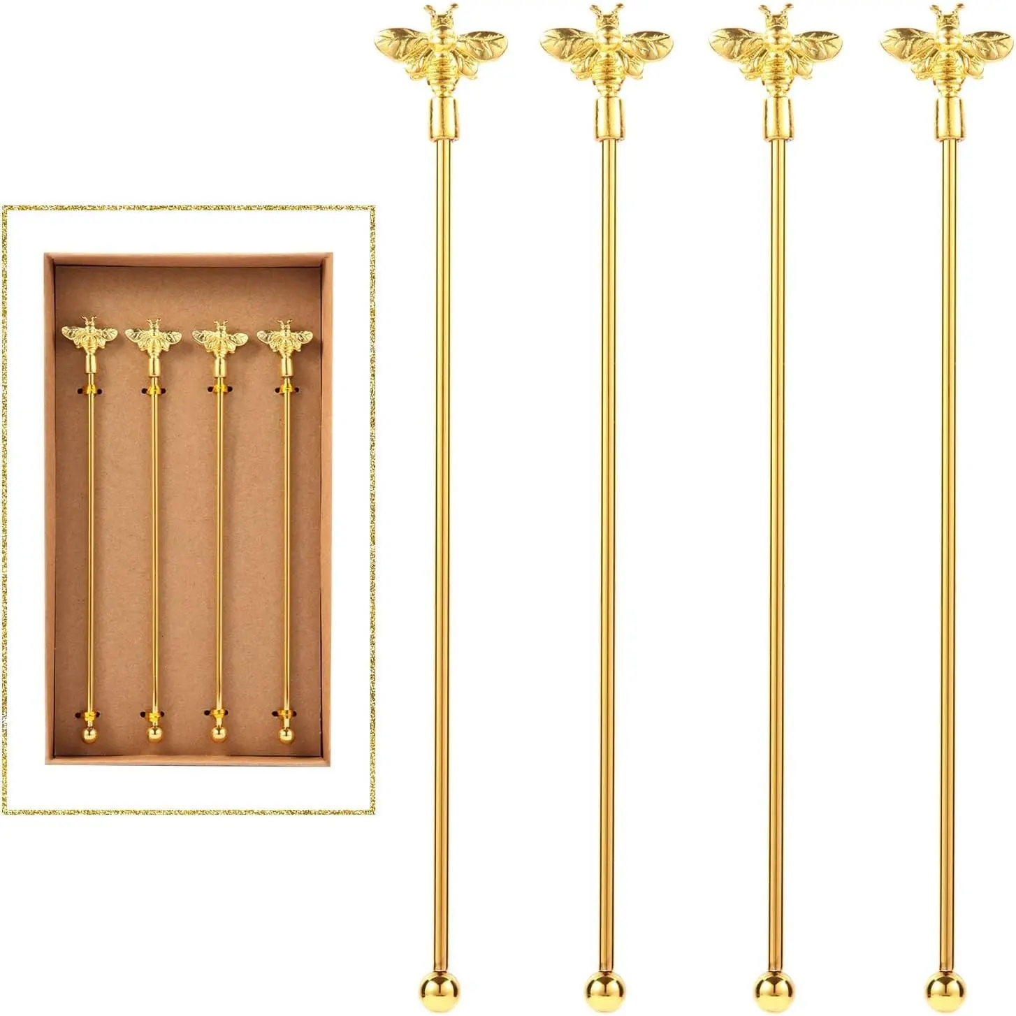 4Pcs Reusable Shaped Bumble Bee Cocktail Stirrers Set - 7.5" Stainless Steel Swizzle Sticks with Gold Decor Top for Drink Mixing, Cocktails, Hot Cocoa (Ideal for Birthdays)