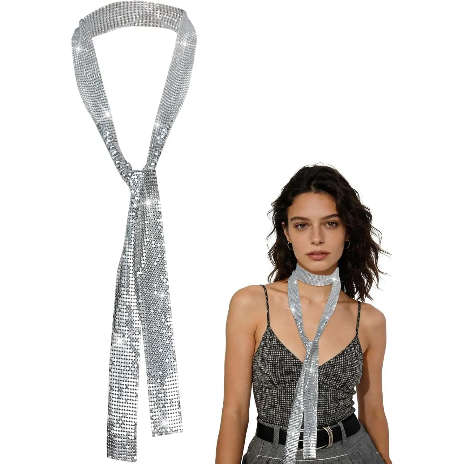 Women's Synthetic Metallic Sparkly Glitter Skinny Scarf - Necklace, Tie & Headwear for Prom, Wedding