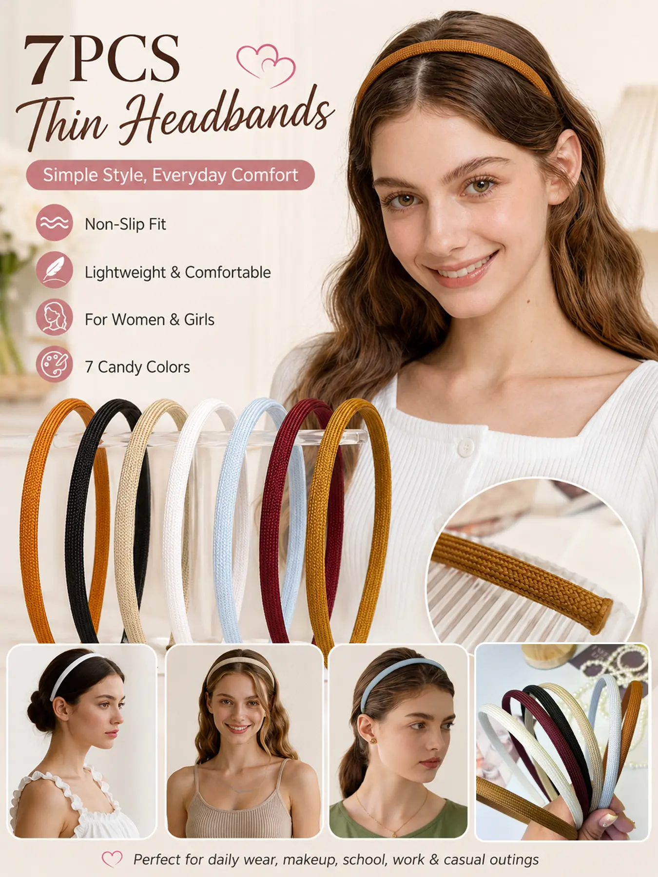 7PCS Thin Headbands, Fashion headbands for Women Girls, Candy Color Soft Fabric Skinny Hair Bands, No Headache Non Slip Narrow Headbands, Comfortable Rainbow Hair Hoops for Kids Adults, Daily Makeup Face Wash Workout School & Casual Wear
