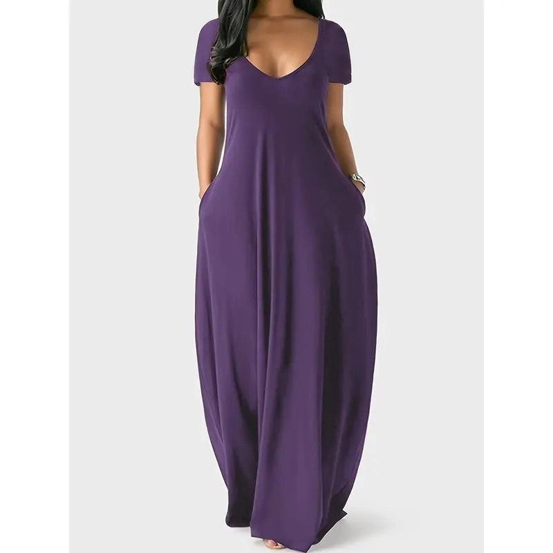 Women's Solid V-Neck Short-Sleeve Polyester Knit Casual Maxi Dress with Pockets, Shortsleeve, Basic, Daily, Adult, Extra Long Length, Clothes