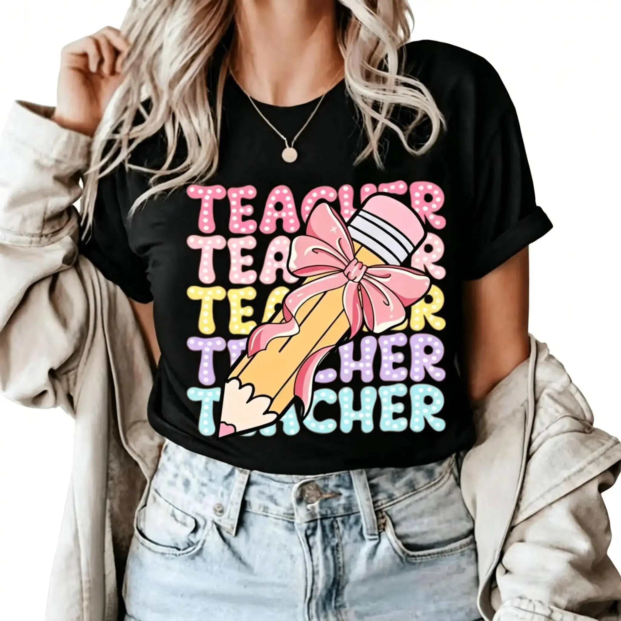 Men's Cotton Short-Sleeve Round Neck T-Shirt - Chic, Breathable, Basic All-Seasons Casual Streetwear with Coquette Teacher Pencil Bow Graphic Print