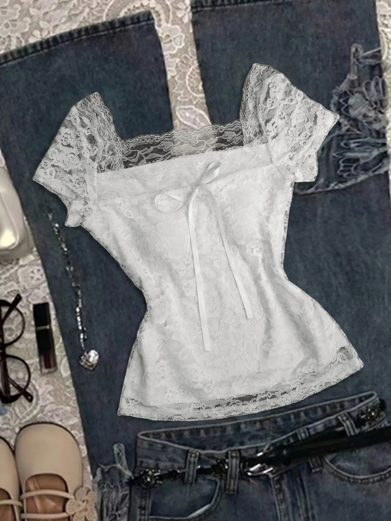 Trendy Women's Elegant Solid Color Lace Shirt with Bow Decoration, Stylish Casual Ladies' Blouse, Fashionable Butterfly Knot Design, Top
