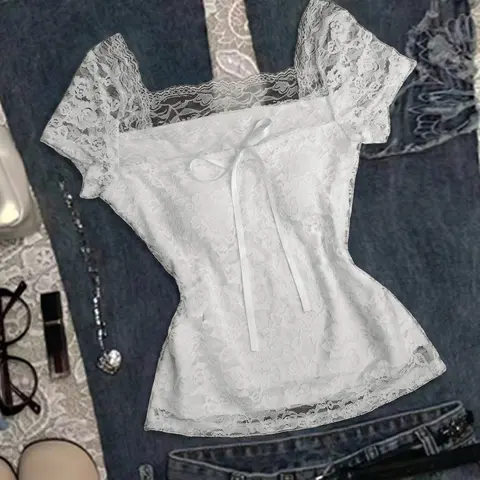Women's Trendy Elegant Solid Color Lace Short Blouse with Bow Decoration, Stylish Casual Ladies Top, Fashionable Summer Wear