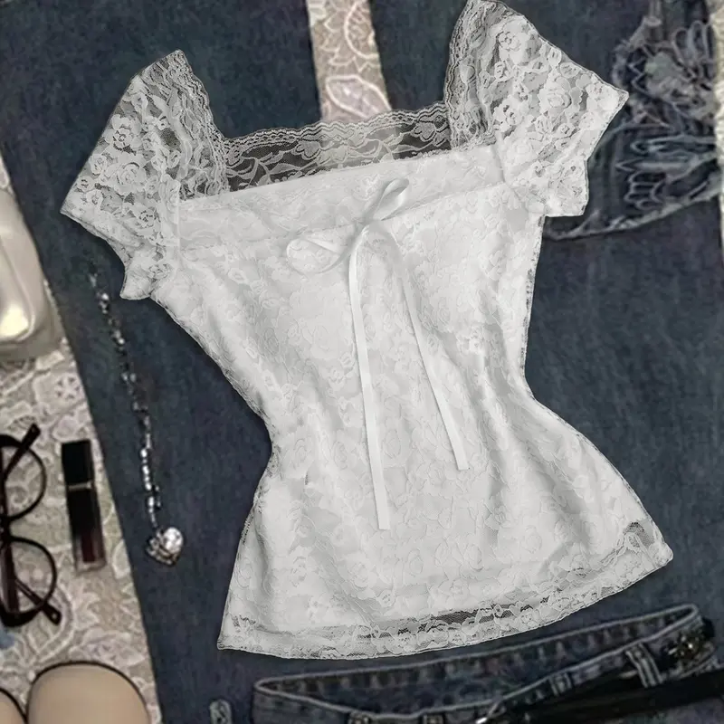 Women's Trendy Elegant Solid Color Lace Short Blouse with Bow Decoration, Stylish Casual Ladies Top, Fashionable Summer Wear