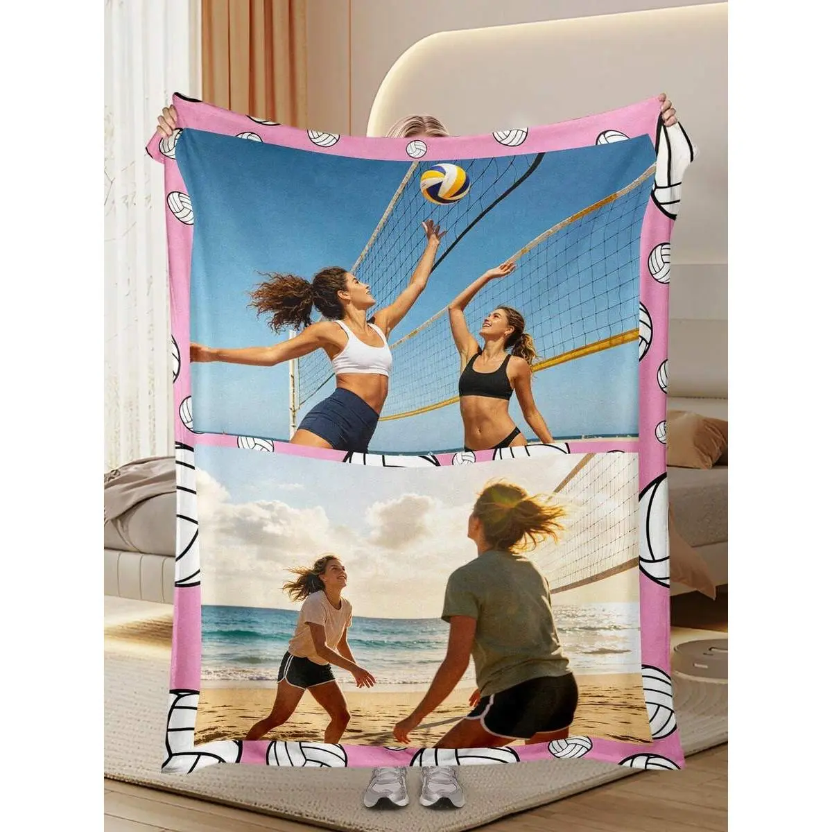 Volleyball Collage Flannel Throw Blanket, Custom Team Picture Blanket with Pink Volleyball Border Design, Soft Cozy Warm Throw for Couch Bed Sofa, Volleyball Player Birthday Graduation Gift for Her Teammate Coach, Personalized Photo Memory Sports Bedroom