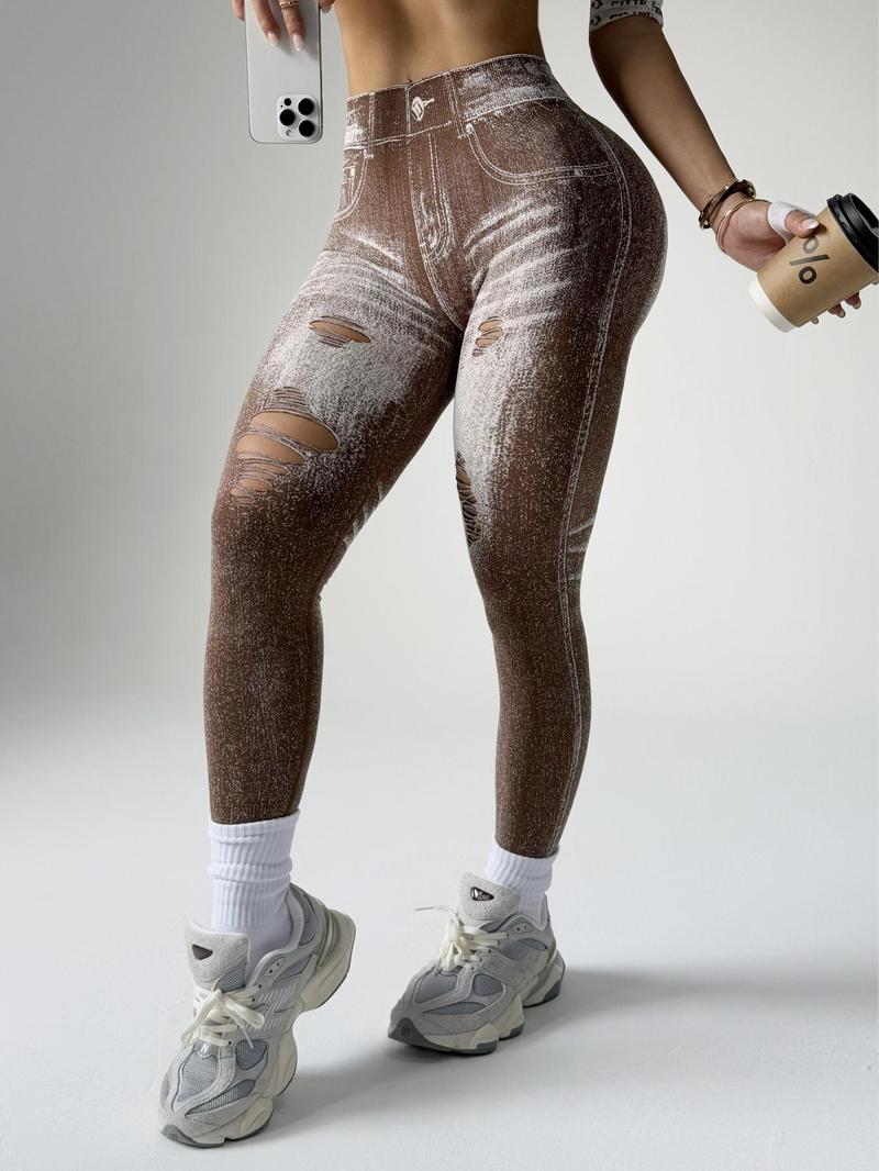 Women's Denim-Effect Print High Waist Sports Stretchy Leggings, Casual Comfy Cut Out Skinny Pants for Yoga Gym Workout Running, Ladies Sportswear Bottoms for All Seasons