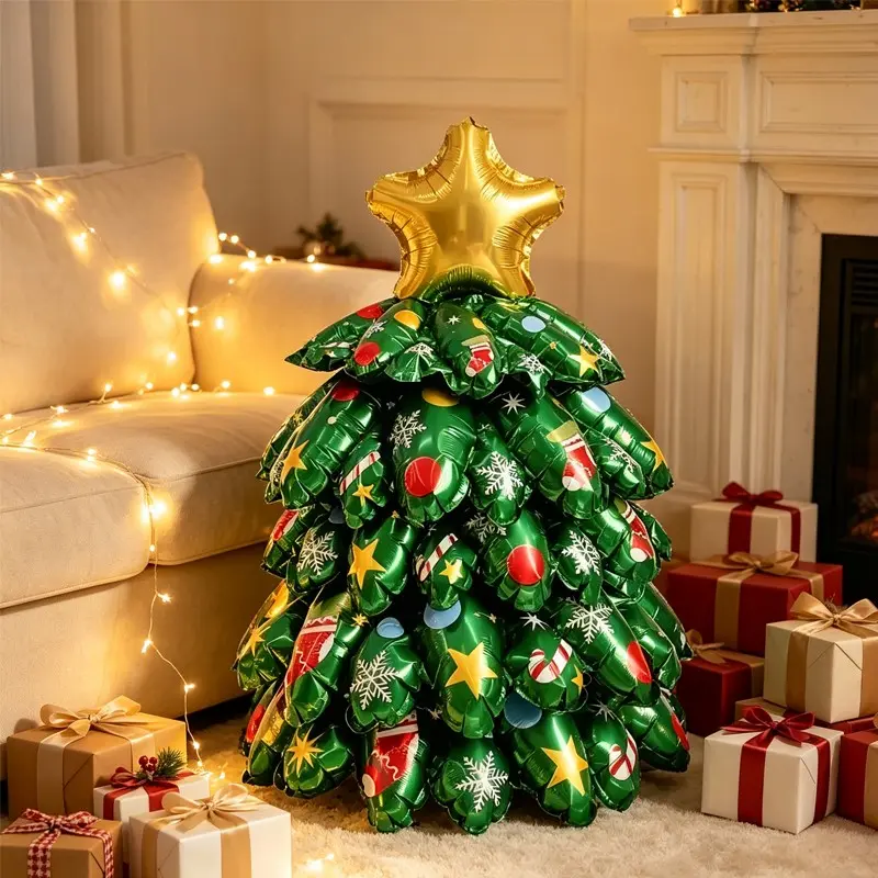 6pcs Self-Standing Christmas Tree Aluminum Foil Balloons, DIY Polyester Film Balloons, Party Centerpiece, Winter Birthday, Christmas Decorations