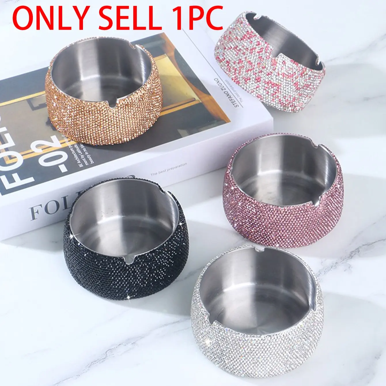 Luxury Rhinestone Ashtray, Fashionable Stainless Steel, Windproof, Home Bar Decor, Office Desk, Birthday Gift, Holiday Ornament, House