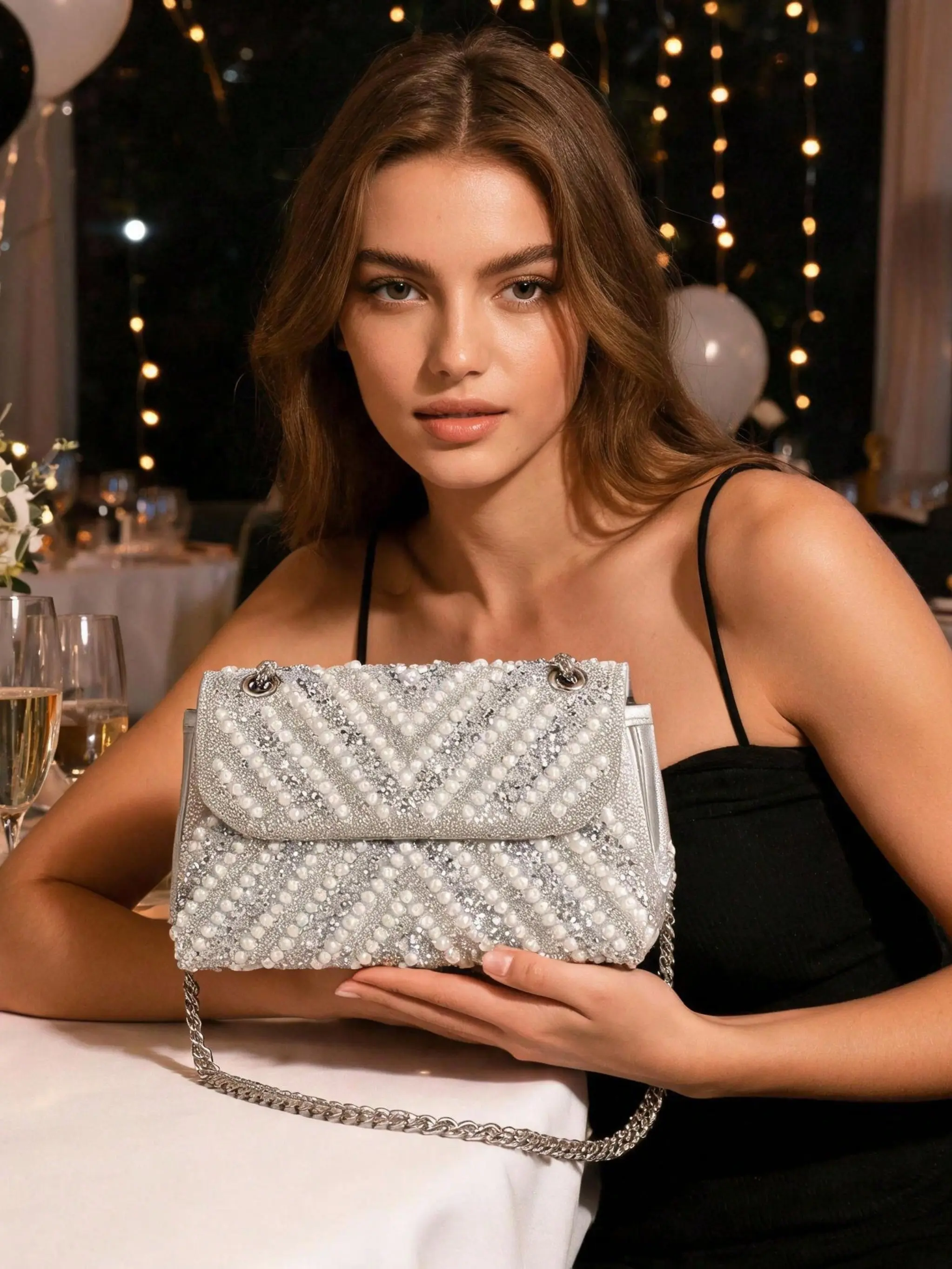 Stunning Silver Pearl Beaded Evening Bag, Sparkly Rhinestone Chic Crossbody Purse, Elegant Wedding Guest Clutch with Chain Strap