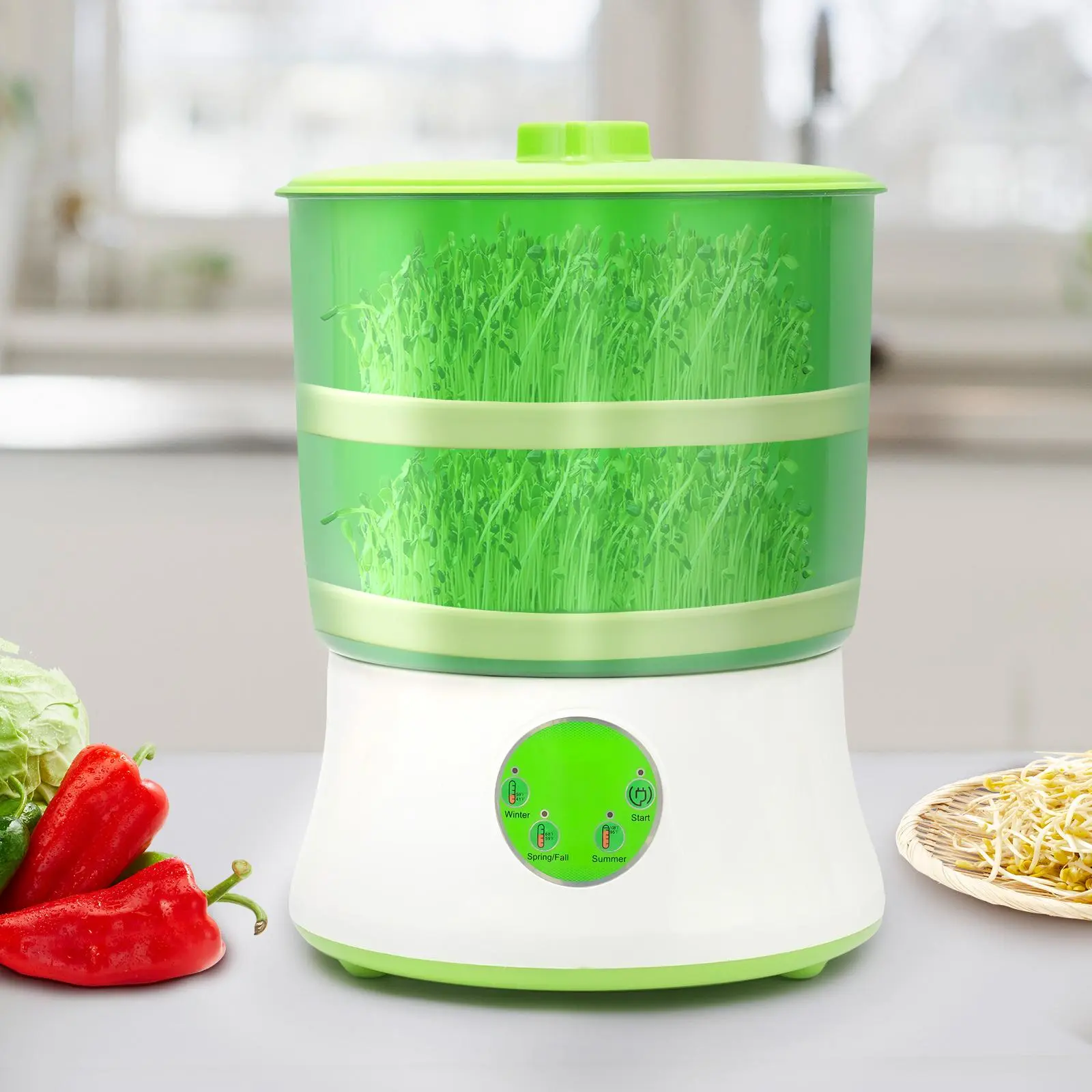 2-Layer 110V 20W Homemade Multifunctional Bean Seed Sprouts Machine, Seed Sprouter Kits, Intelligent Automatic Bean Sprouts Maker, 2 Layers Function Large Capacity Seed Grow, Also for Radish, Alfalfa, Wheatgrass, Broccoli Sprouts Plant