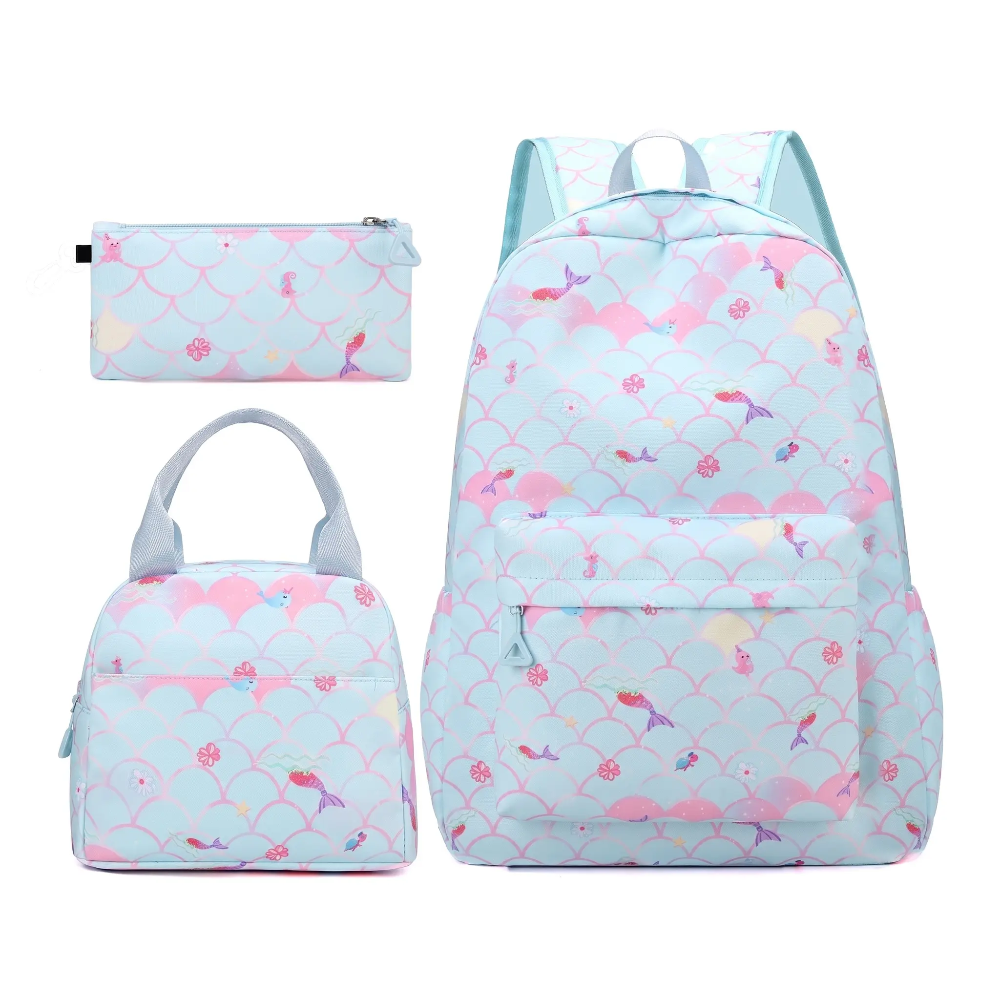 Unisex Mermaid Scale 3-Piece Backpack Set - Waterproof Nylon Large Capacity Bag with Matching Lunch Tote & Pencil Pouch, Breathable Cushioned Straps, Multi-Pocket Design, Breathable Panels, Contrast Colors for Backpacks for School, Daily School