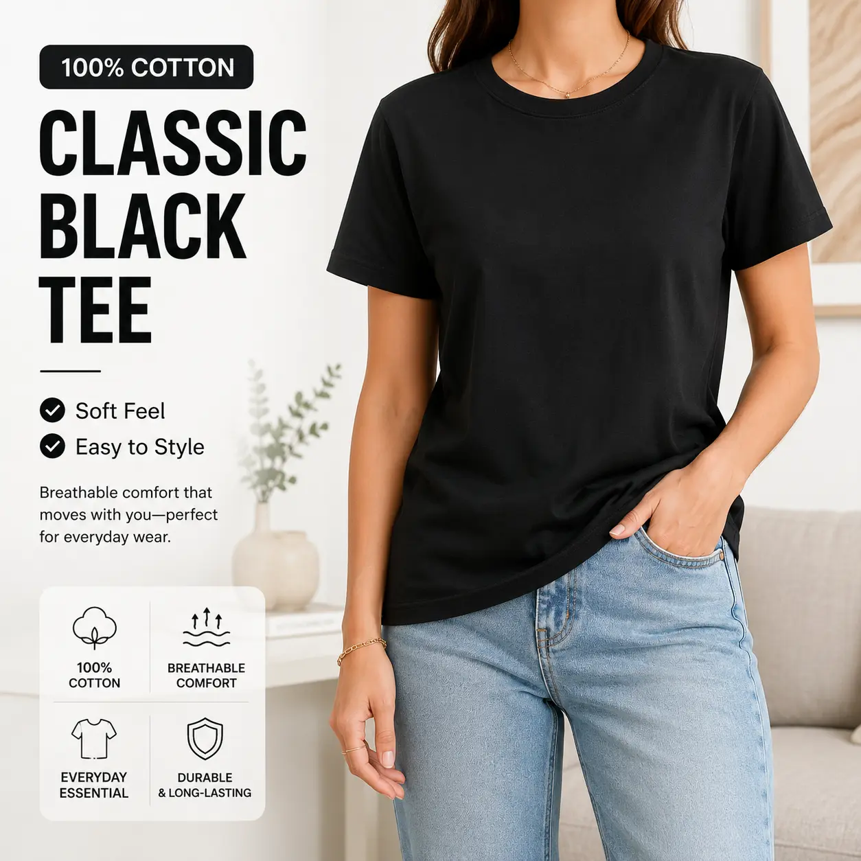 Unisex 100% Cotton T-Shirt, Solid Color Classic Crew Neck Basic Tee, 180 GSM Soft Breathable Fabric, Durable Short Sleeve Casual Shirt for Men & Women, Everyday Summer Essential Top, XS-5XL Menswear Relaxed Fit Breathable Garment Black Crew Neck
