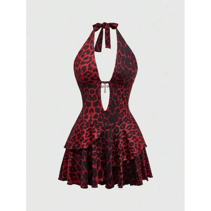 Y2K Sexy Harajuku Girly Goth Style Cross Decor Halter Leopard Print Mini Dress