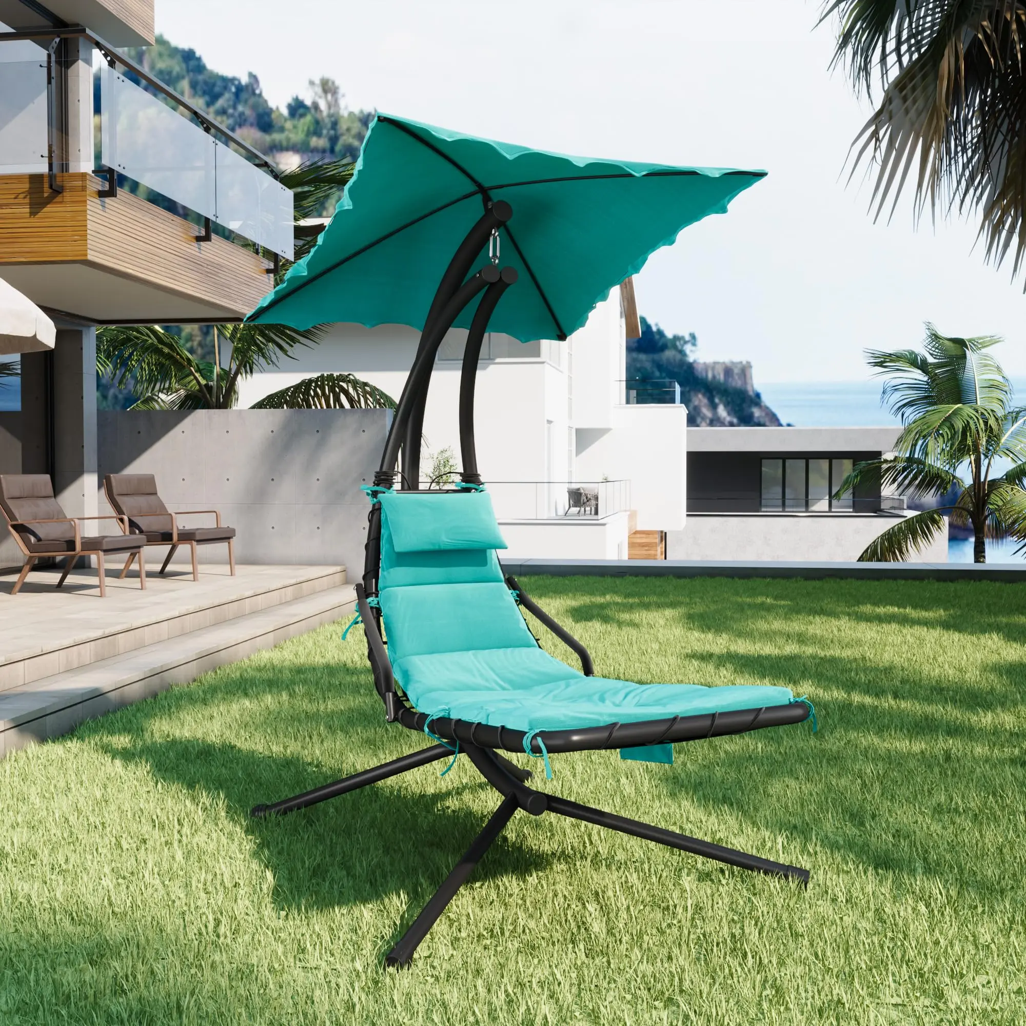 Comfortable Hanging Chaise Lounge Swing Chair for Patio, Curved Steel Hammock Swing Chair with Removable UV-Resistant Canopy, Padded Cushion, for Patio, Garden, Backyard