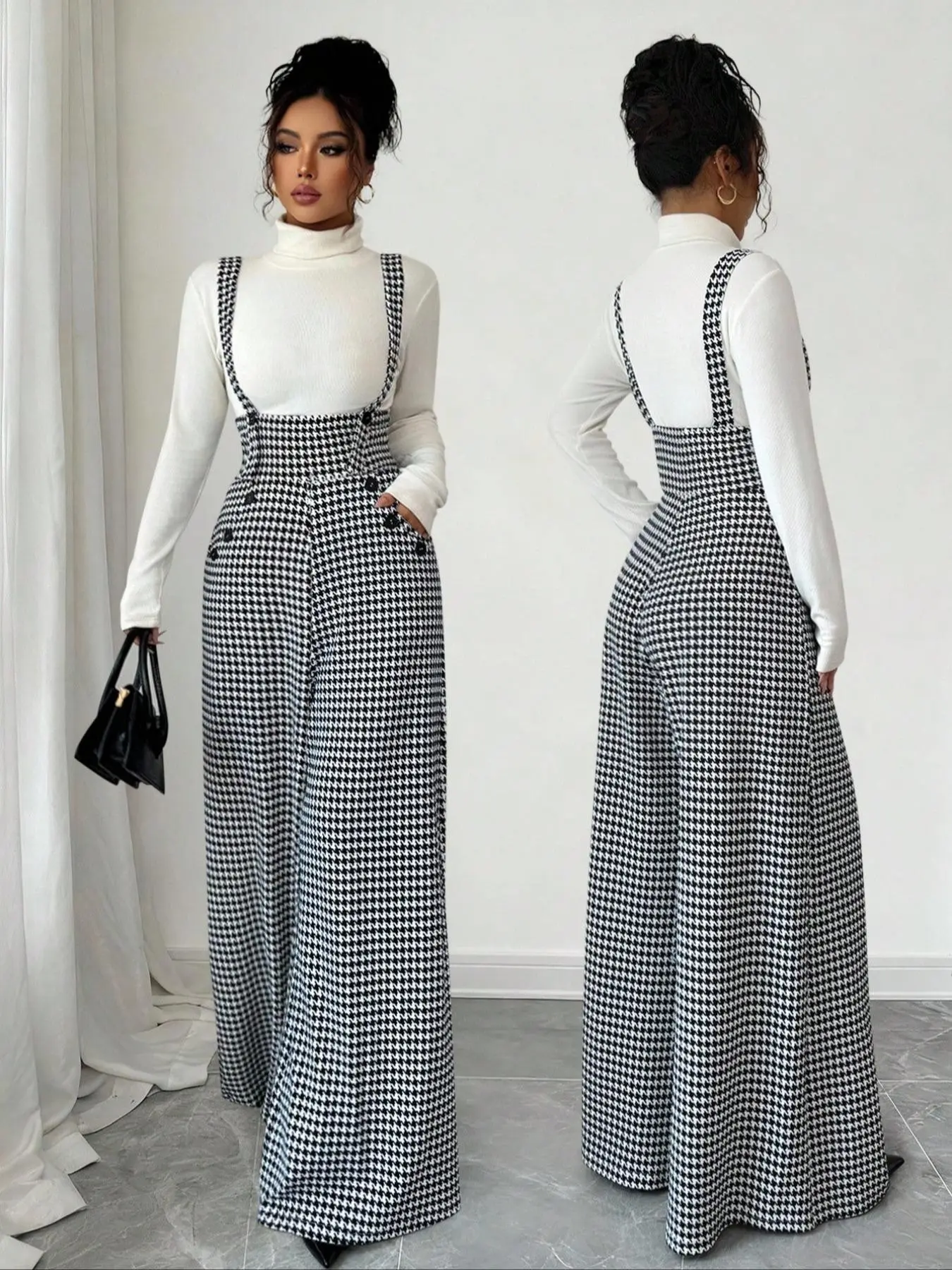 Women's Knitted Plaid Print Wide Leg Pants, Front Pocket Button Design, Fashionable Casual Elegant Daily Commuter Overalls, Fall Winter
