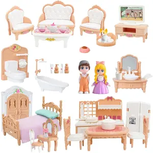 Dollhouse Furniture Set 48 Piece Luxury Miniature Accessories Collection with Living Room Bathroom Bedroom Kitchen TV Entertainment Set (Beige)