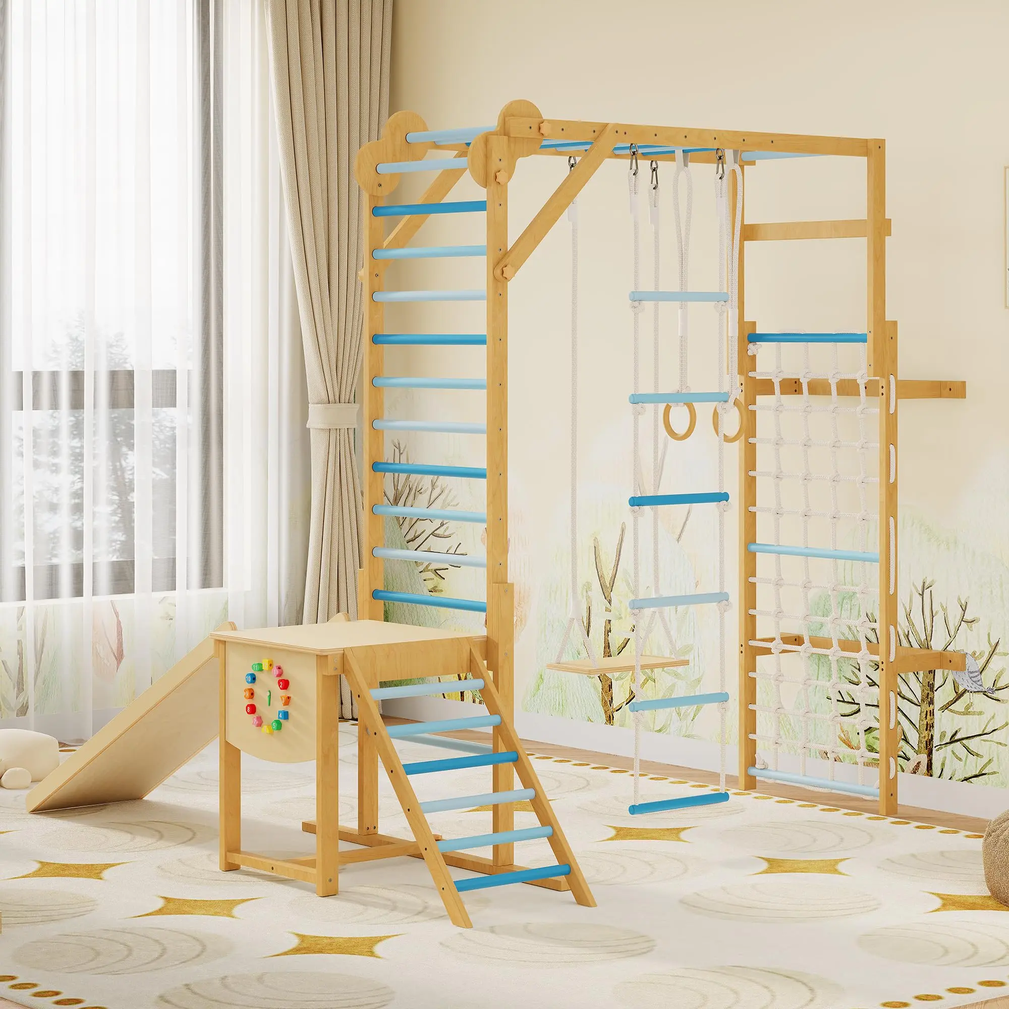 8-in-1 Indoor Jungle Gym Set for Kids Ages 3-10 – Wooden Climbing Structure with Slide, Swing, Monkey Bars, Rope & Rings – Safe Indoor Playground Toy