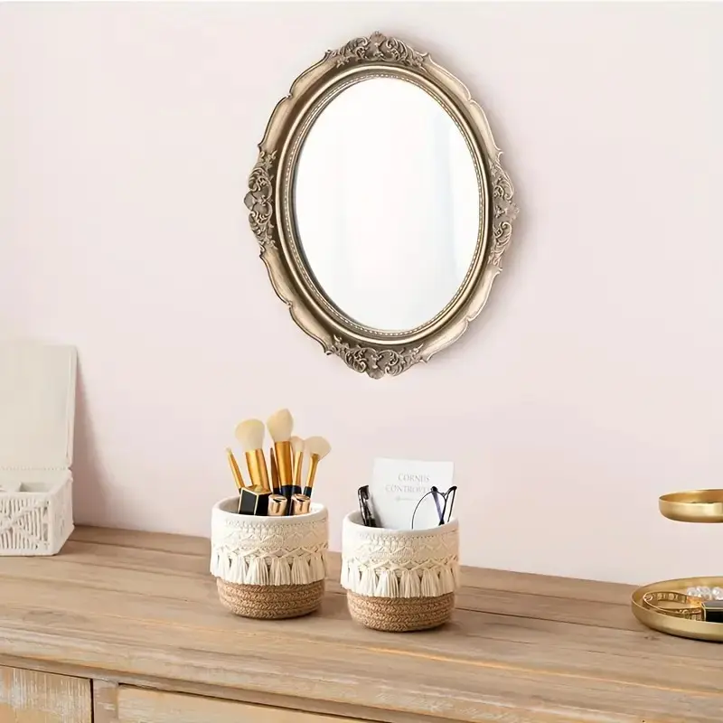Tassel tabletop storage basket Cosmetics makeup brush storage box Round woven storage basket