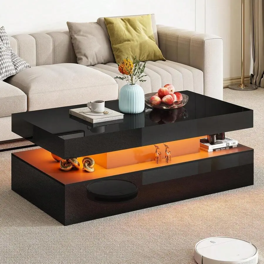 Coffee Table With LED Light, Modern High Gloss Finish Center Table With 2-Tier Storage Space, Minimalist Coffee Table For Living Room