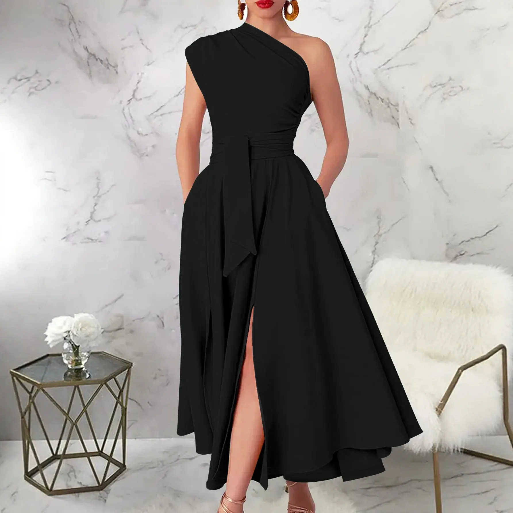 2026 European and American women's clothing summer new one-shoulder dress split skirt fashionable and elegant style