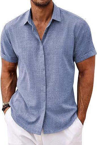 European and American Men's Linen Shirt Short-Sleeved Casual Button-Up Top for Beach Summer Vacation Menswear