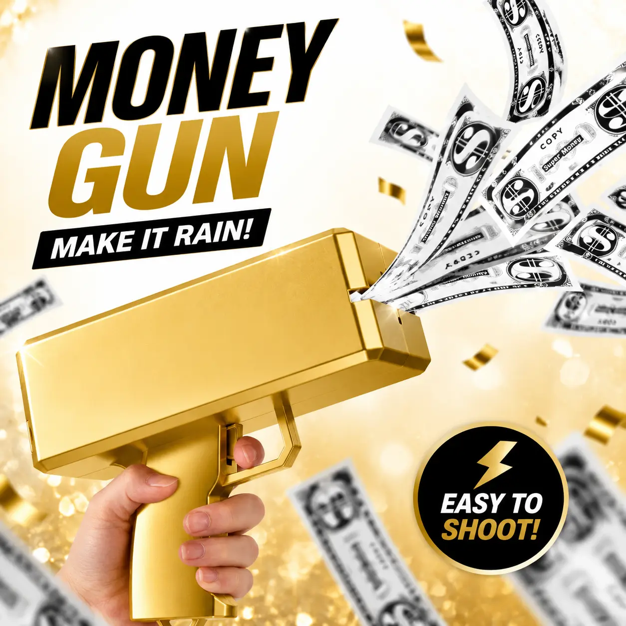 Metallic Gold Money Gun Toy with Paper Playing Money, Cash Prop Toy Gun for Party Supplies, Make It Rain Money Game Accessory and Celebration Decor