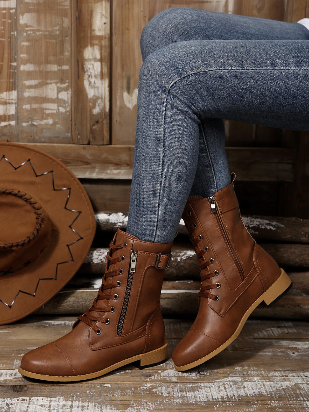 British Vintage Women's Autumn/Winter New Style  Fashion Chunky Heel Comfortable Side Zipper Solid Color Belt Decorated Ankle Boots, Women Shoes