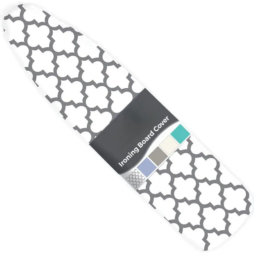 Heavy Duty Ironing Board Cover, 15x54 in Cotton, Extra Thick Padding, Scorch-Resistant Silicone Coating, Elastic Edge, Hook-and-Loop Fastener Strap, Quatrefoil Gray for Standard Boards