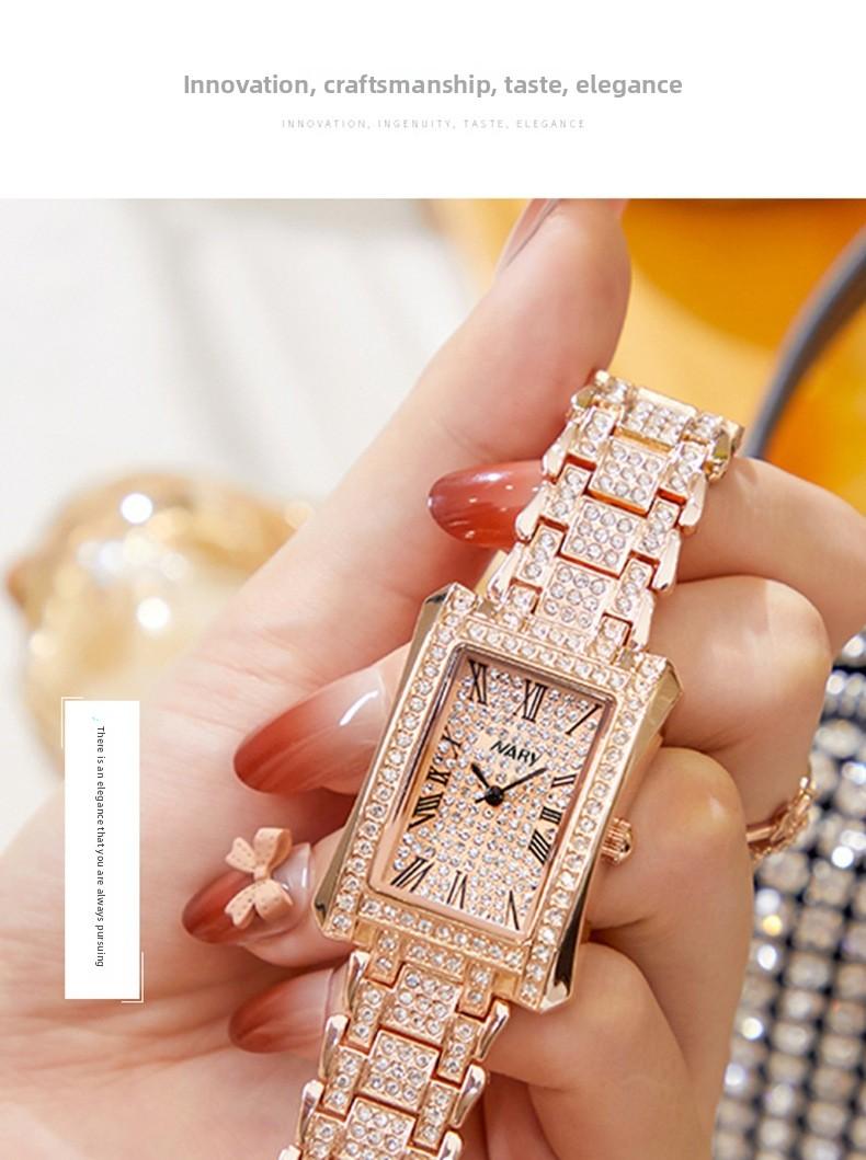 Women's Luxury Rose Gold Rectangle Quartz Watch - Fully Iced Out Diamond Encrusted Wristwatch with Roman Numerals, Stainless Steel Band, Elegant Dress Watch, Perfect Gift for Her