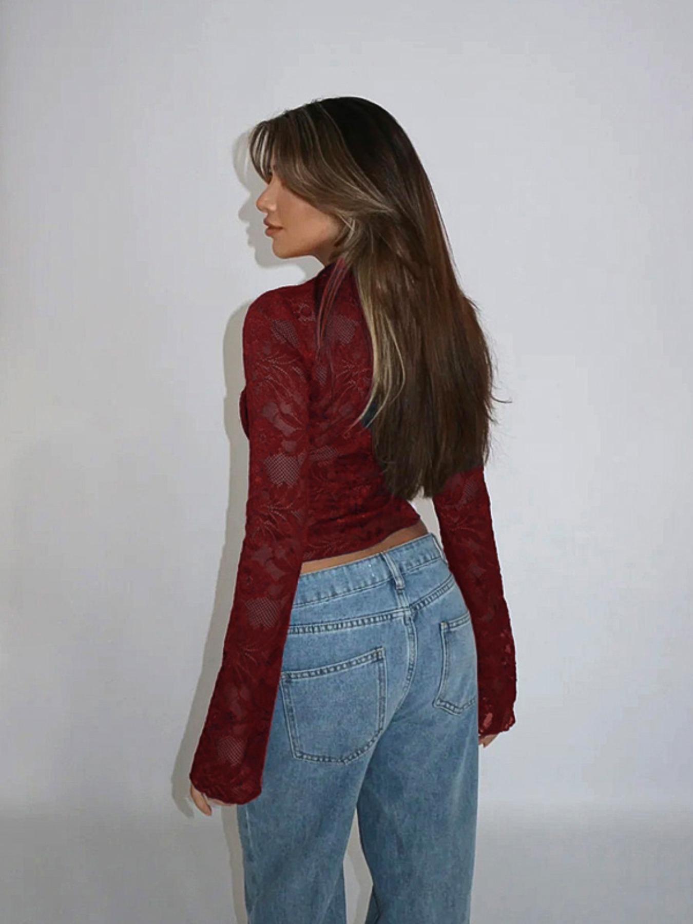 Women's Plain Scallop Trim Button Front Flounce Sleeve Lace Top, Casual V Neck Long Sleeve Top for Fall & Winter, Women's Clothing for Daily Wear Valentine's Day, Gift,  Going Out Tops